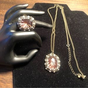 Long necklace and matching adjustable ring set amber color